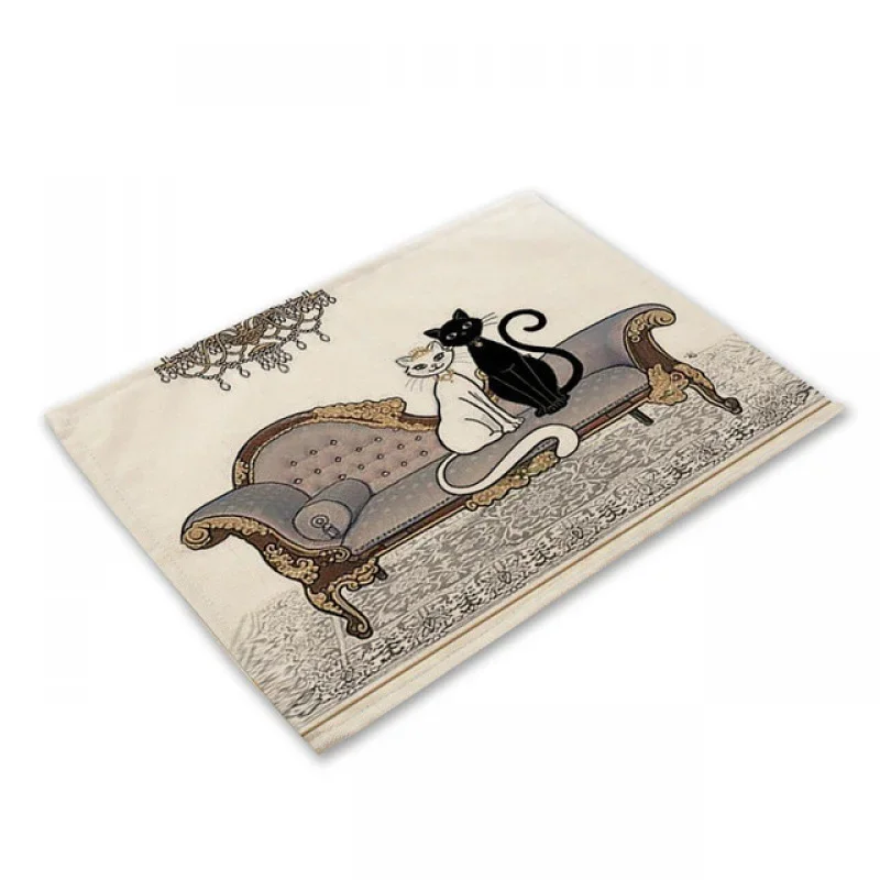 30x40cm Couple Black Cat Linen Placemat Coaster Pad  Dining Table Mats Bowl Cup Kitchen Cotton Coffee Mat Home Decoration