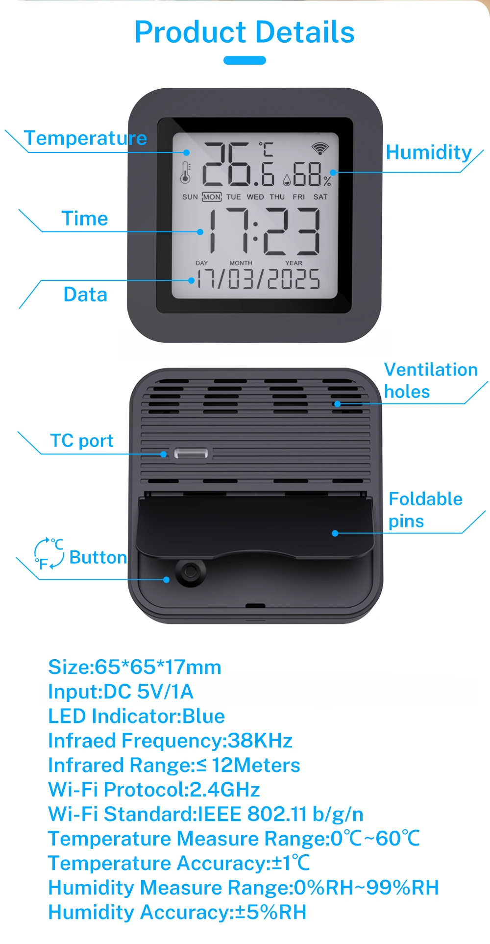 WiFi Tuya Control remoto inteligente por infrarrojos con Sensor de temperatura y humedad automatización del hogar inteli