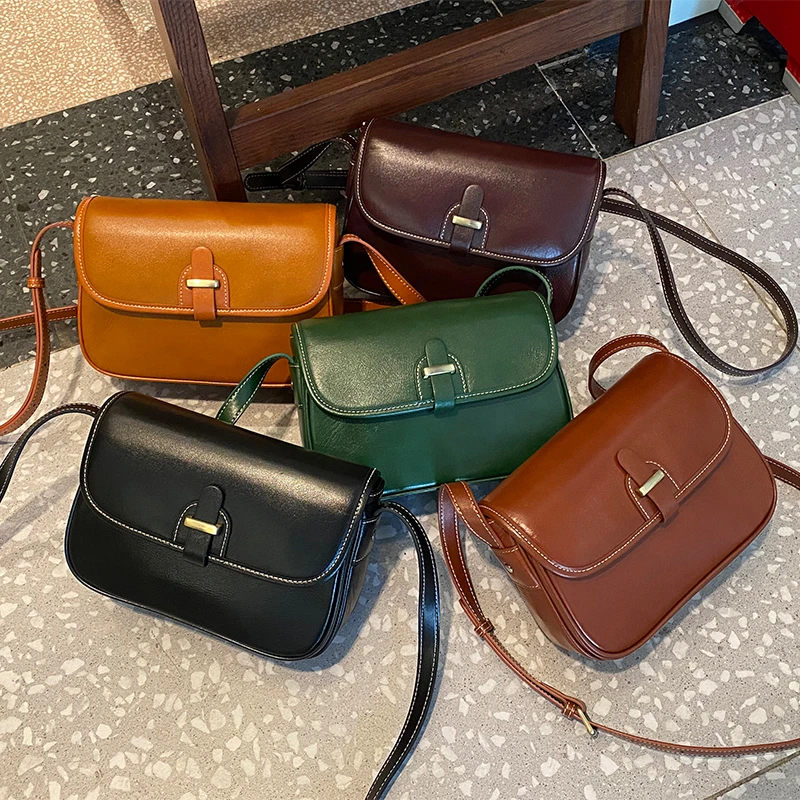 2023 New Women Bag Female Genuine Leather Cross-body Shoulder Bag Messenger Lady Retro Vegetable Tanned Cowhide Square Tofu Bag