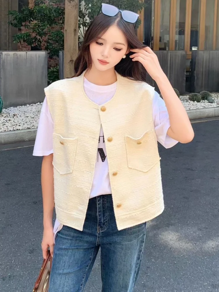 SMTHMA Fall Hot Sale Women's Fashion Casual Tweed Vest Women's Single Breasted Decorated Seeveless Woolen Top