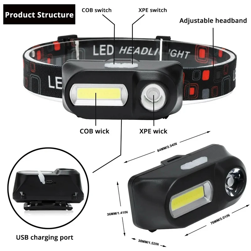 Mini Portable XPE+COB Headlamp USB Rechargeable Use 18650 Battery Headlight Outdoor Camping Fishing LED Head Flashlight