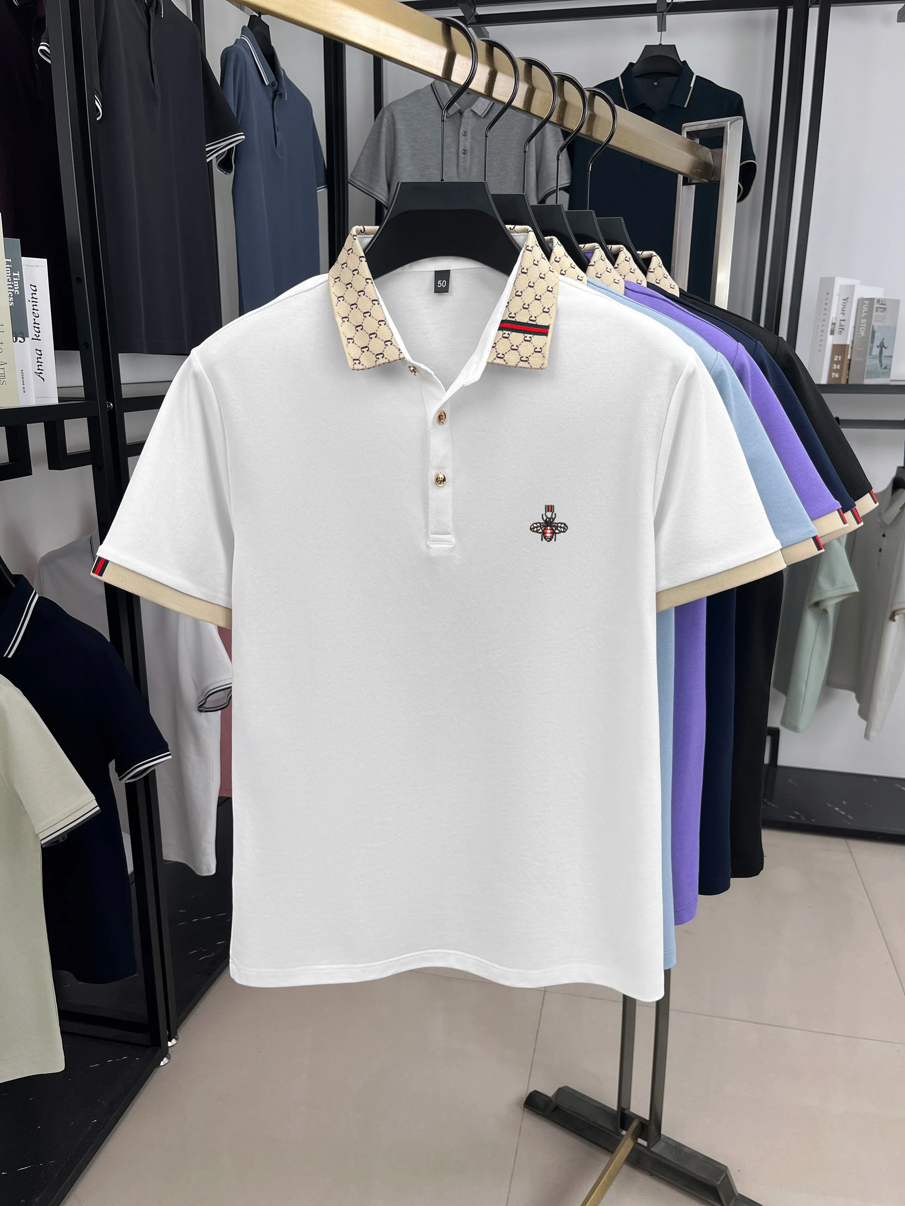 Personality letter jacquard lapel short sleeve T-shirt men high-end brand Little Bee embroidery fashion trend summer polo shirt