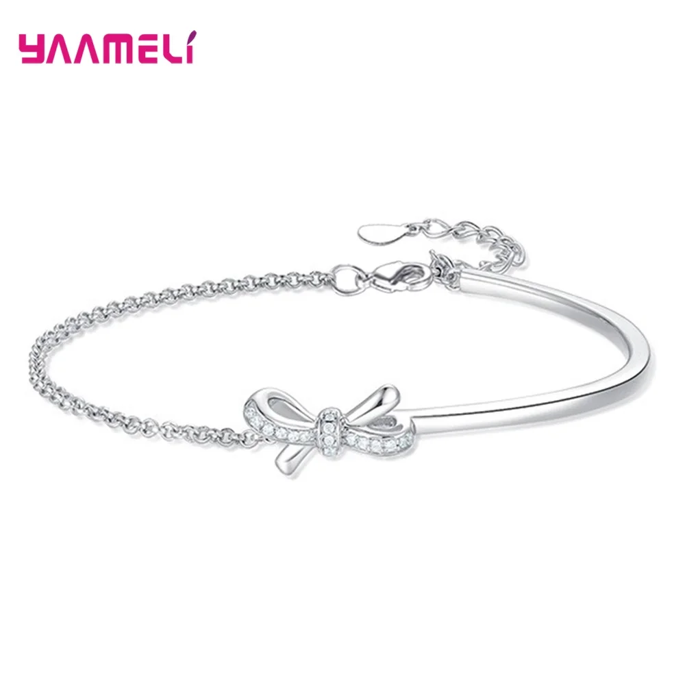 925 Silver Jewelry Rhinestone AAA Zircon Bracelets Bangles New Trendy Bowknot Wristband with Lobster Clasps Extender Chain