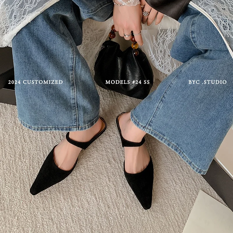 Spring Simple Shoes Woman Real Leather Sheepsuede Soft Flats Basic Style Mules Girls Big Toe Mullers Casual Slippers Daily Wear