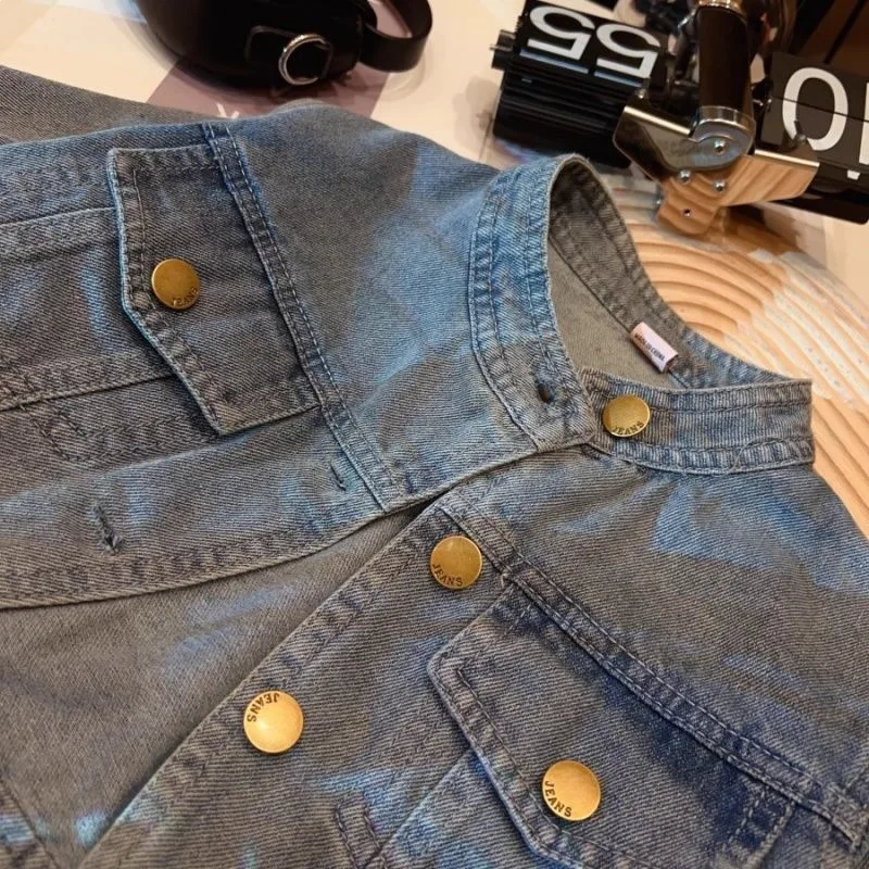 

2026 Four Seasons New Hot Selling Stand up Collar Metal Button Design Handsome Cowboy Jacket