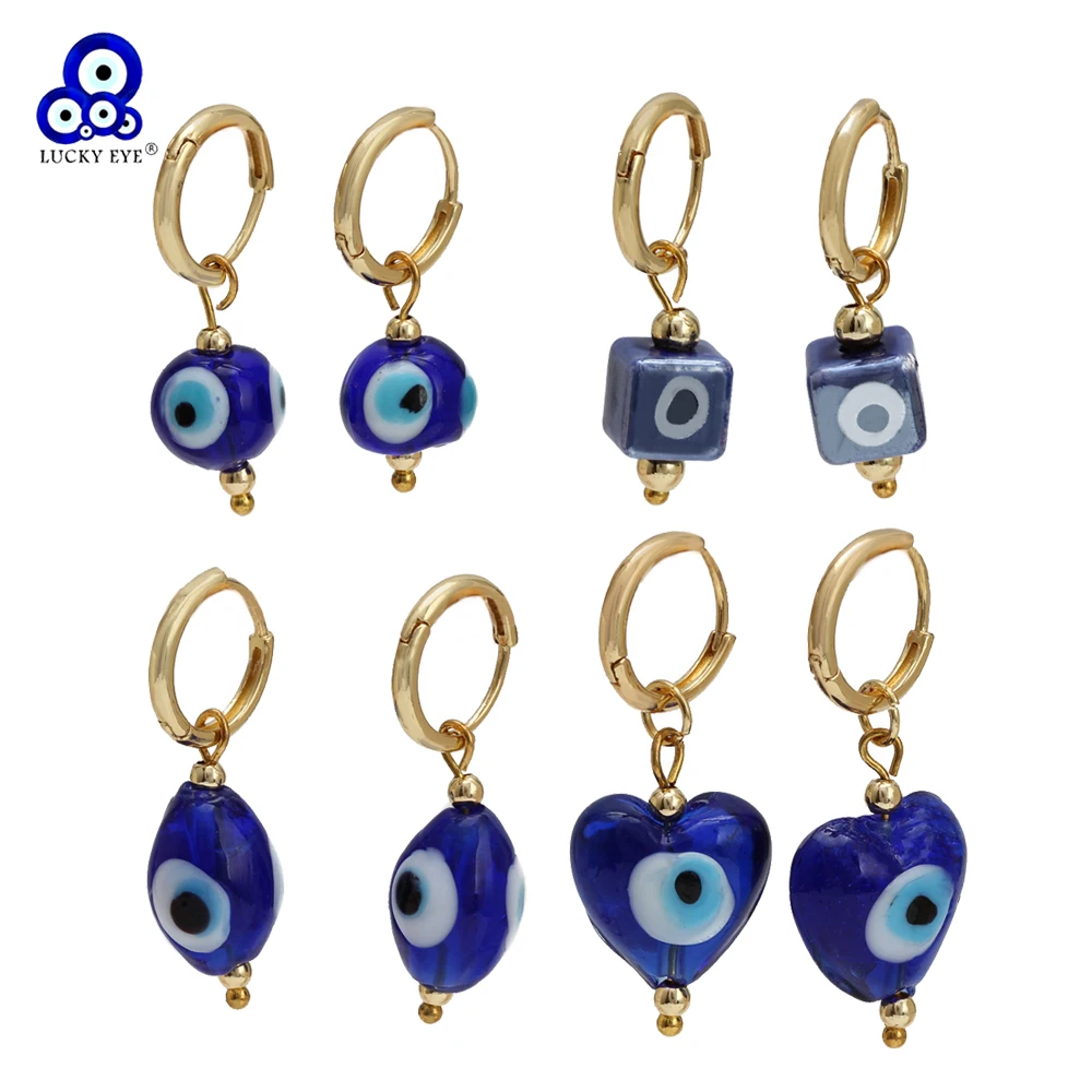 Lucky Eye Glass Ceramics Blue Evil Eye Bead Drop Earrings Heart Round Square Dangle Earrings for Women Girls Men Jewelry BE1002