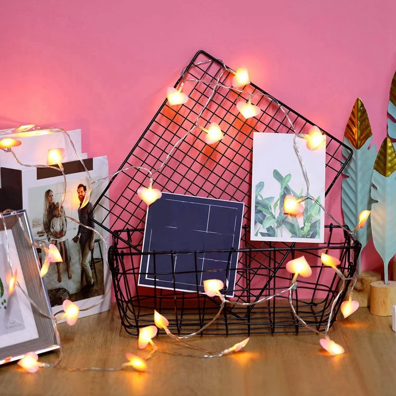Cadena de luz LED en forma de corazón para el Día de San Valentín, lámpara de cadena de 8 modos alimentada por batería, Rosa 3D, 40 LED