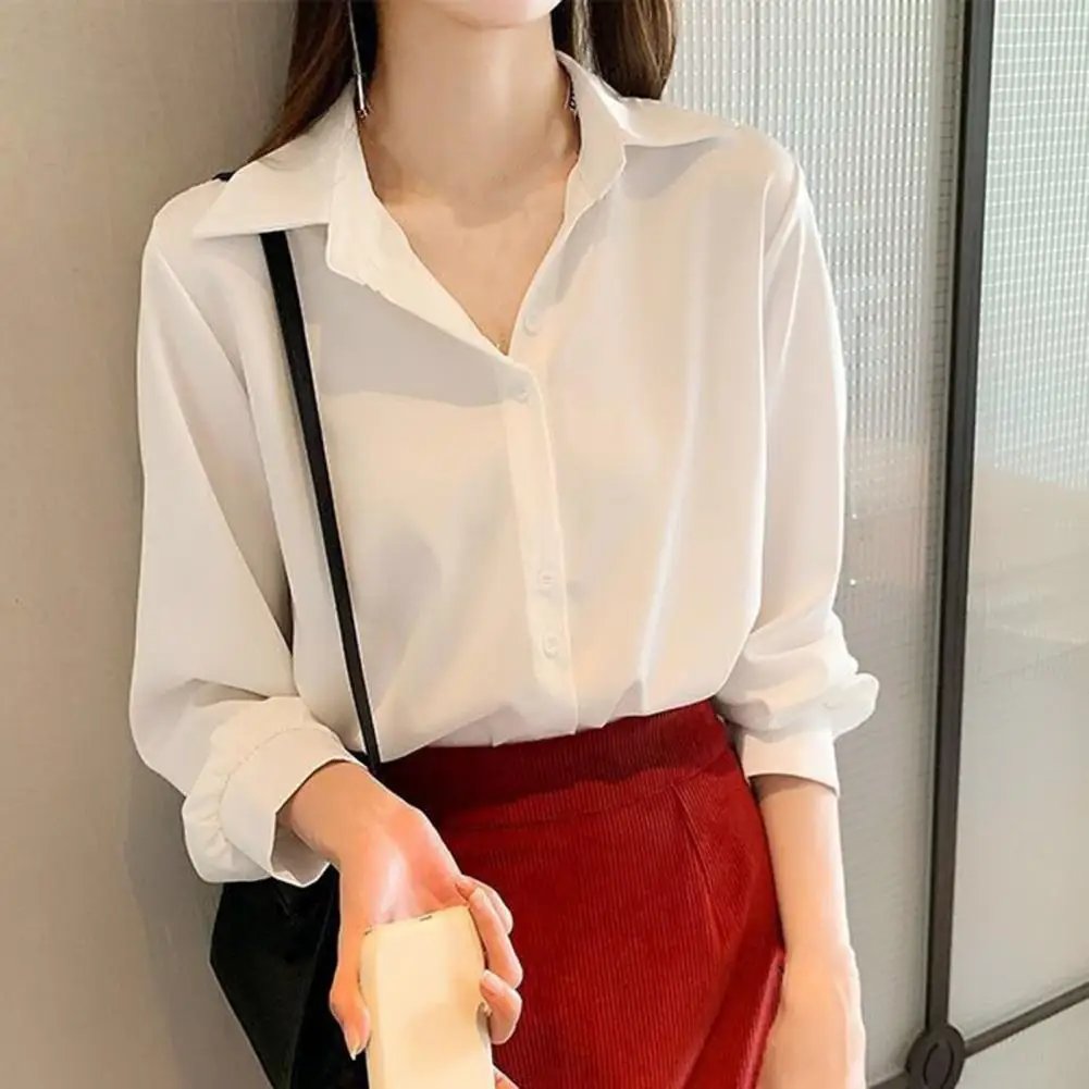 Women Shirt Pure Color Single-breasted Turn-down Collar Long Sleeve Cardigan Soft Casual OL Commute Bottom Blouse Lady Top