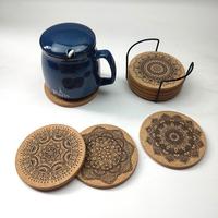 Nordic Mandala Pattern Round Cork Coasters With Holder Stand Rack Wooden Drinks Absorbent Mat Glass Cup Mug Pad Decor