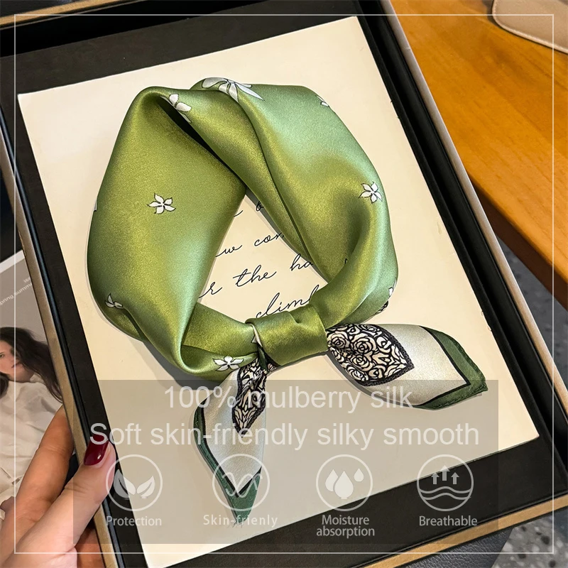 

100% Silk Scarf Bandana Women Square Scarves Wrap Kerchief Green Mulberry Silk Spring Fashion Luxury High Quality Headband Hijab