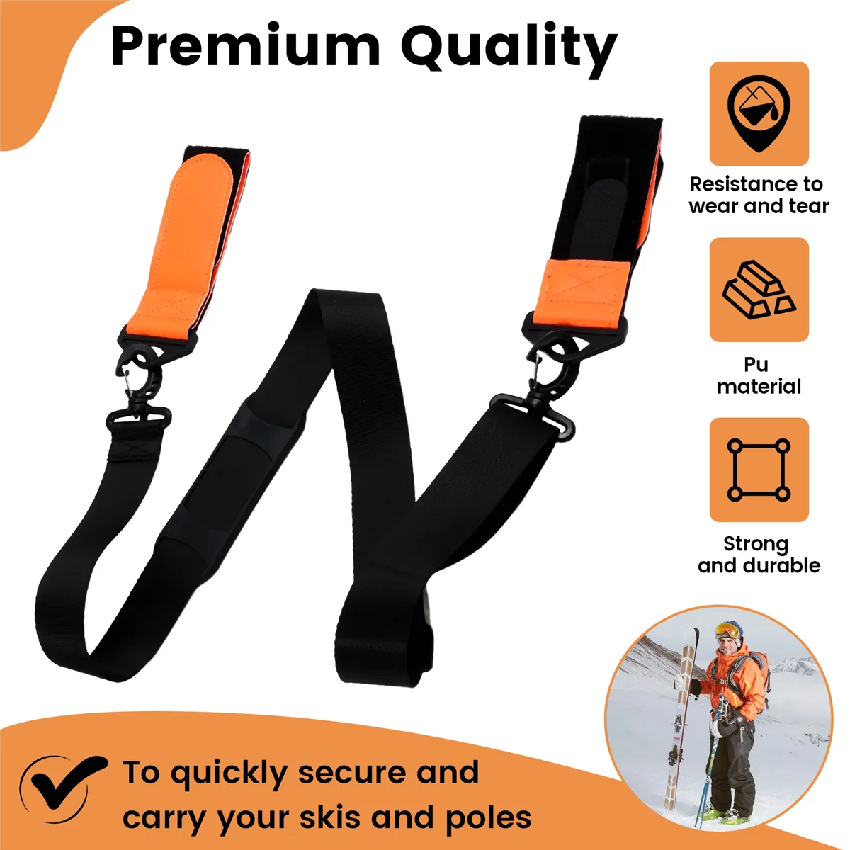 Correias ajustáveis para snowboard e vara de esqui N18R, alças portáteis para snowboard, acessórios de esqui de nylon para homens e mulheres.