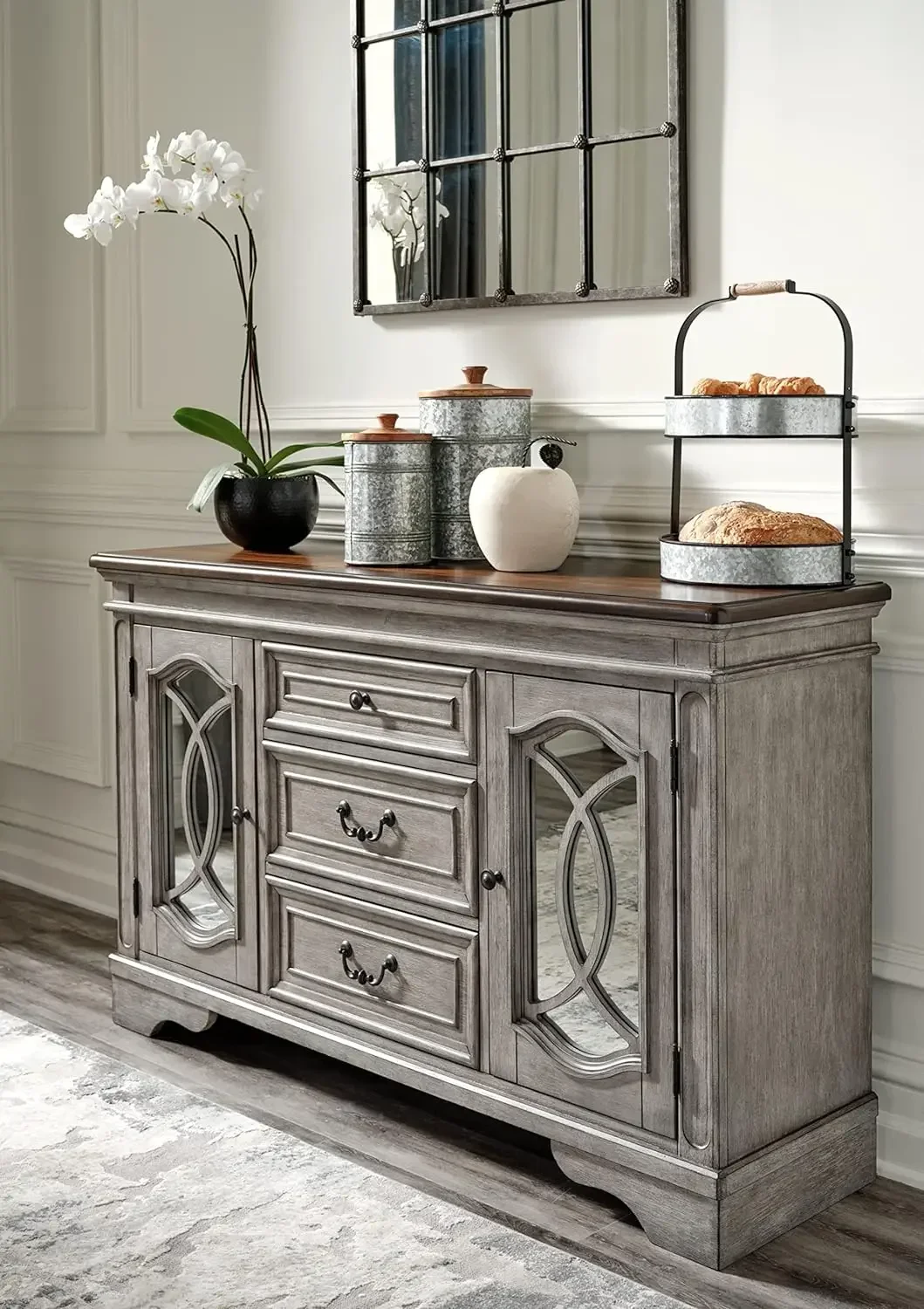 Signature Design by Ashley Londenbay Classic Farmhouse Dining Server with 3 Drawers and 2 Cabinet Doors, Brown & Gray