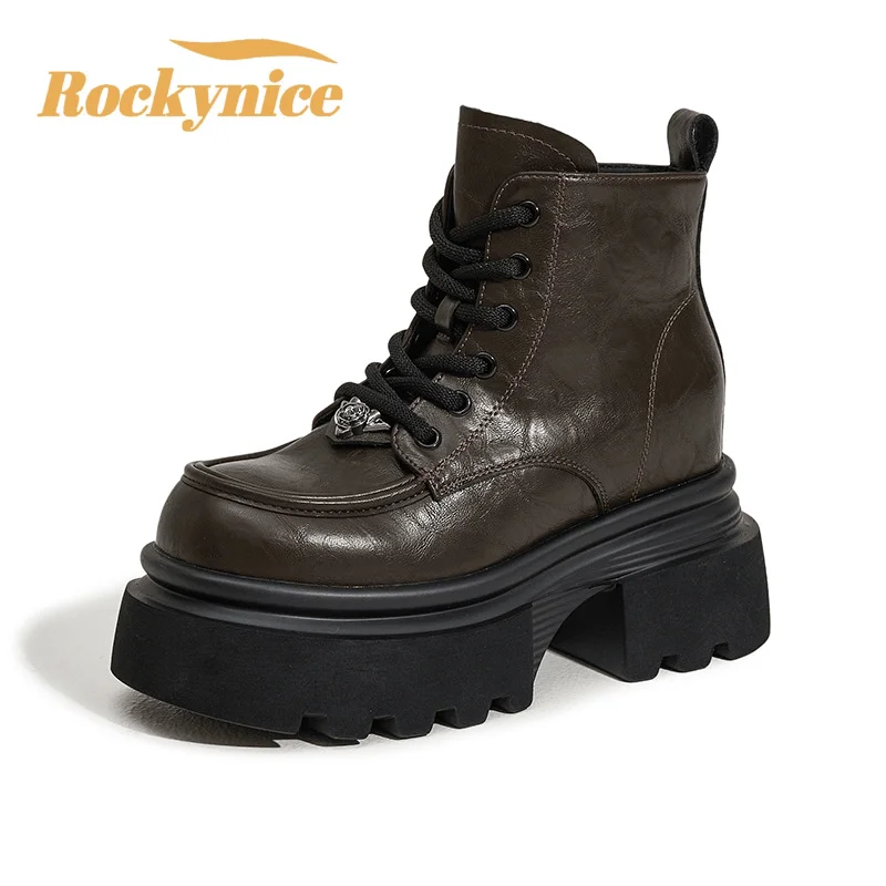 

10CM Microfiber Genuine Leather Ankle Boots Platform Motorcycle Chelsea Booties Women New Autumn Spring Zipper Chunky Sneakers