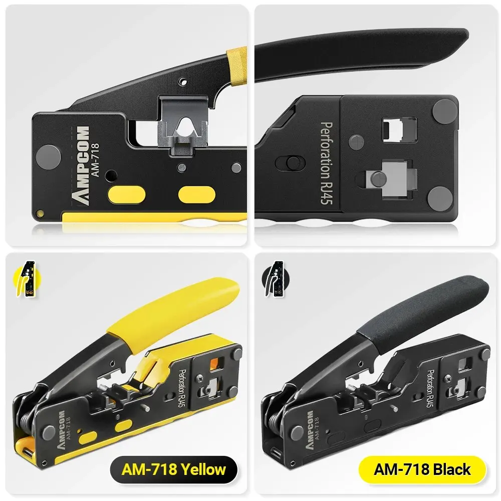 AMPCOM EZ-Type RJ45 Network Crimper - Crimp/Cut LAN CAT8/7/6A/6/5E (STP/UTP/With Tail Clip) & RJ11/12 TEL Modular Cable (AM-718)