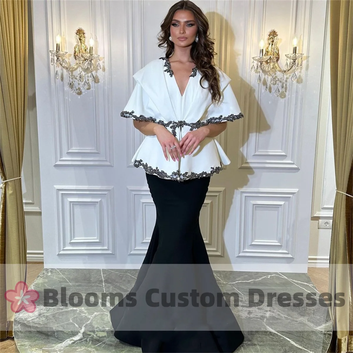 Vestido de noche de satén fruncido con cuello en V para novia, traje elegante de sirena con apliques de cuentas y flores, 2024