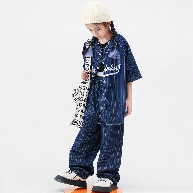 Modern Children Costume Hip Hop Clothes For Girls Denim Shirt Pants Boys Street Dance Jazz Performance Loose Stage Wear BL9853