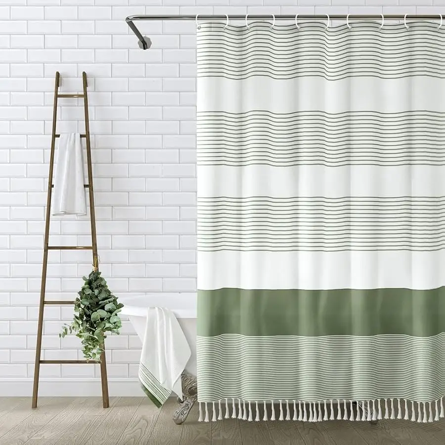 

Boho Sage Green Shower Curtain for Bathroom Stripe Tassel Shower Curtain 72 X 72 Inches Farmhouse Cotton