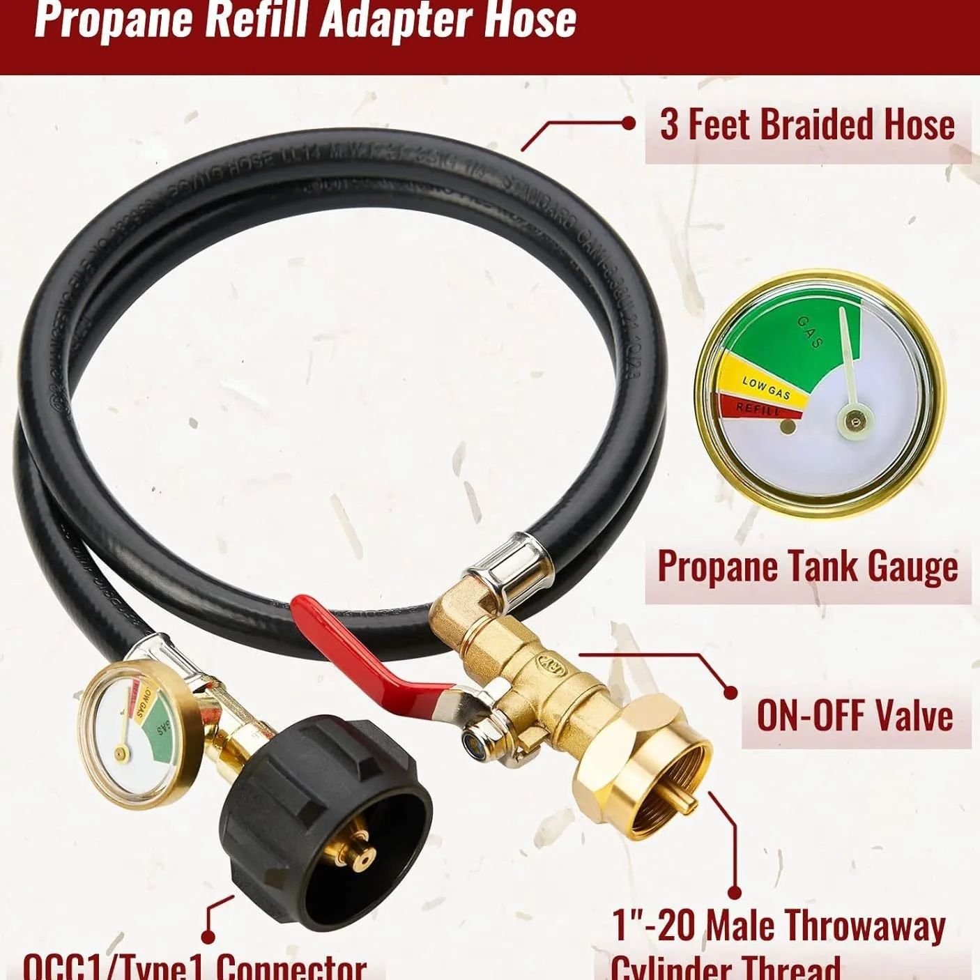 

Интерфейс 3 фута для подключения адаптера газового баллона Адаптер для заправки пропана Шланг с переключателем манометра Регулирующий клапан