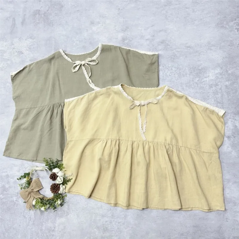 

Johnature Japanese Linen Lace Lace-up Tops New Lace Up Summer Korean Casual Loose Versatile Shirts