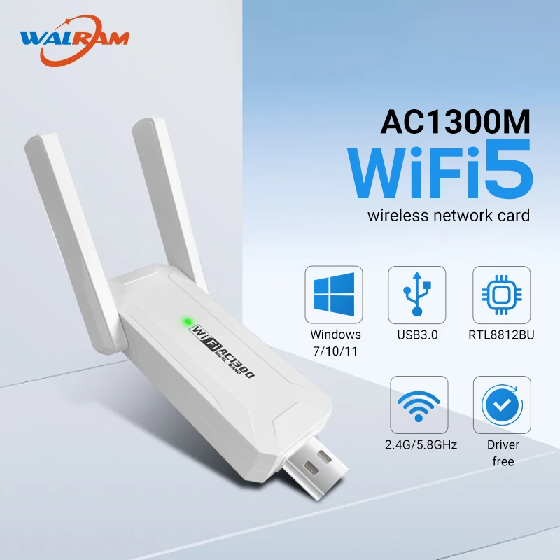 

WiFi 5 AC1300 USB Adapter 1300Mbps Dual Band 2.4G 5Ghz Wireless WiFi Dongle Antenna 802.11AC Wireless Card Receiver PC Laptop