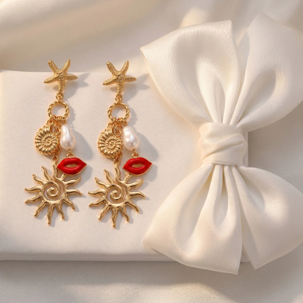 Bohemian Gold Color Starfish Sun Drop Earrings Enamel Red Lip & Pearl Charm Earrings for Women Vacation Jewelry