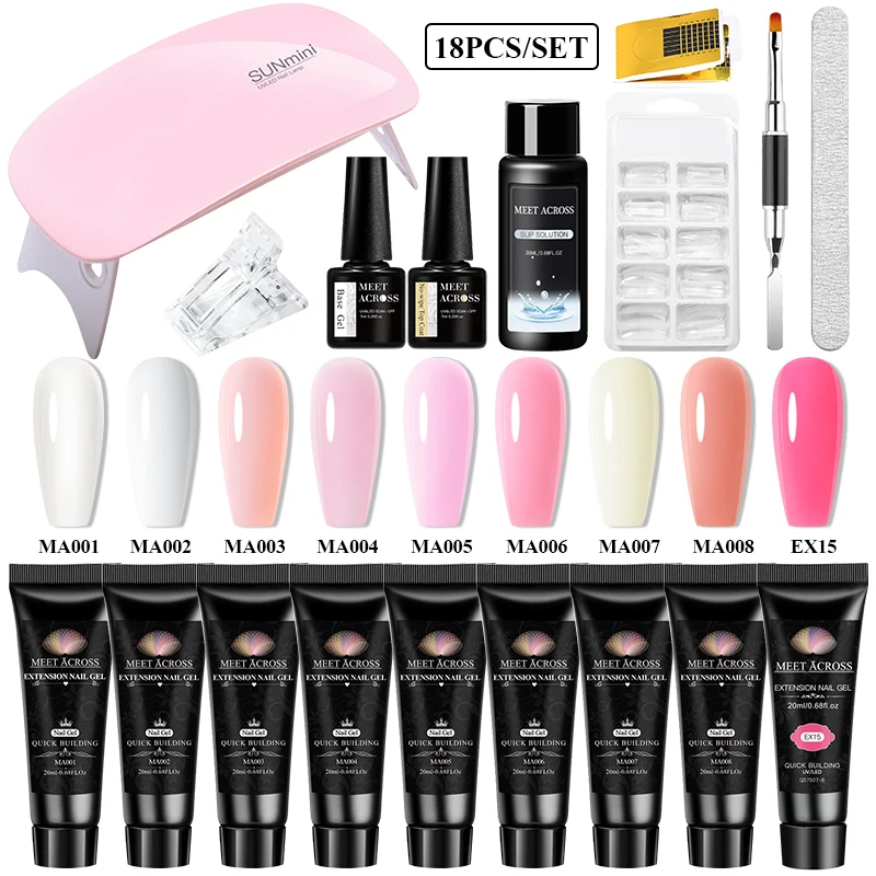 Kit de gel de extensão de unha 18 peças com gel de construtor, base e revestimento superior, solução deslizante, 9 cores rosa nude, lâmpada de unha e conjunto completo de ferramentas