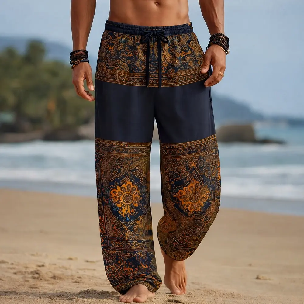 Men's Casual 3D Pattern Wide Leg Pants Mid Waist Elastic Drawstring Comfort Soft Trousers For Daily Vacation Beach Outfits