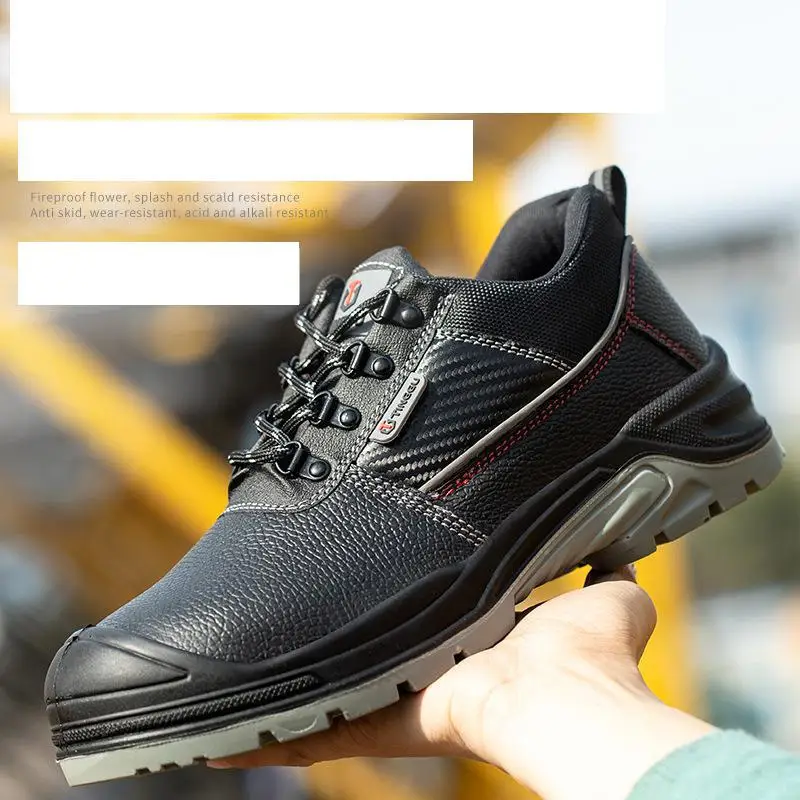 2023 New Black Anti Impact Anti Puncture Anti Static Steel Toe Protection Safety Shoes  High And Low Cut Cowhide Safety Shoes