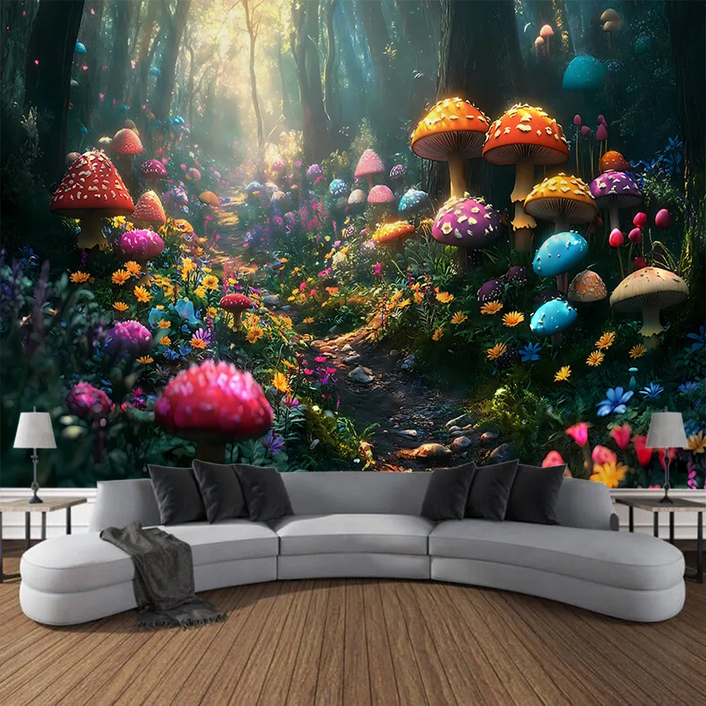 

Psychedelic landscape tapestry, mushroom forest, castle, wall hanging, bedroom, living room, hippie, cartoon home decor