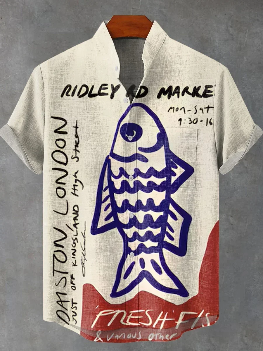 

2025 Men's New Summer Fish Pattern Beautiful Art Printed Linen Short Sleeve Shirt Casual Comfortable Button Men's Top