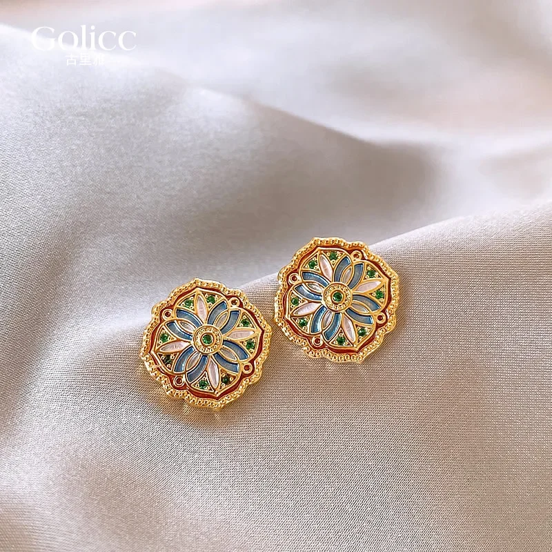 Enamel color stud earrings women's light luxury high-end temperament medium antique earrings 2024 new popular retro earrings