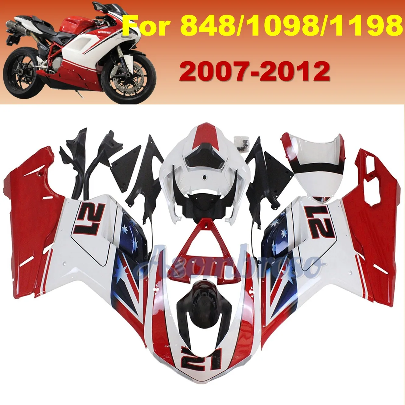 Kit de Carenado de Plástico ABS para Motocicleta Ducati 2007-2012 1098 1198 848 EVO, Paneles de Carrocería para Moto de Calle