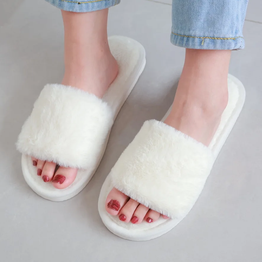 Women's Plus Size Winter House Slippers, White Leather Slide Sandals, Warm And Comfortable Plush Flats_voghion.com