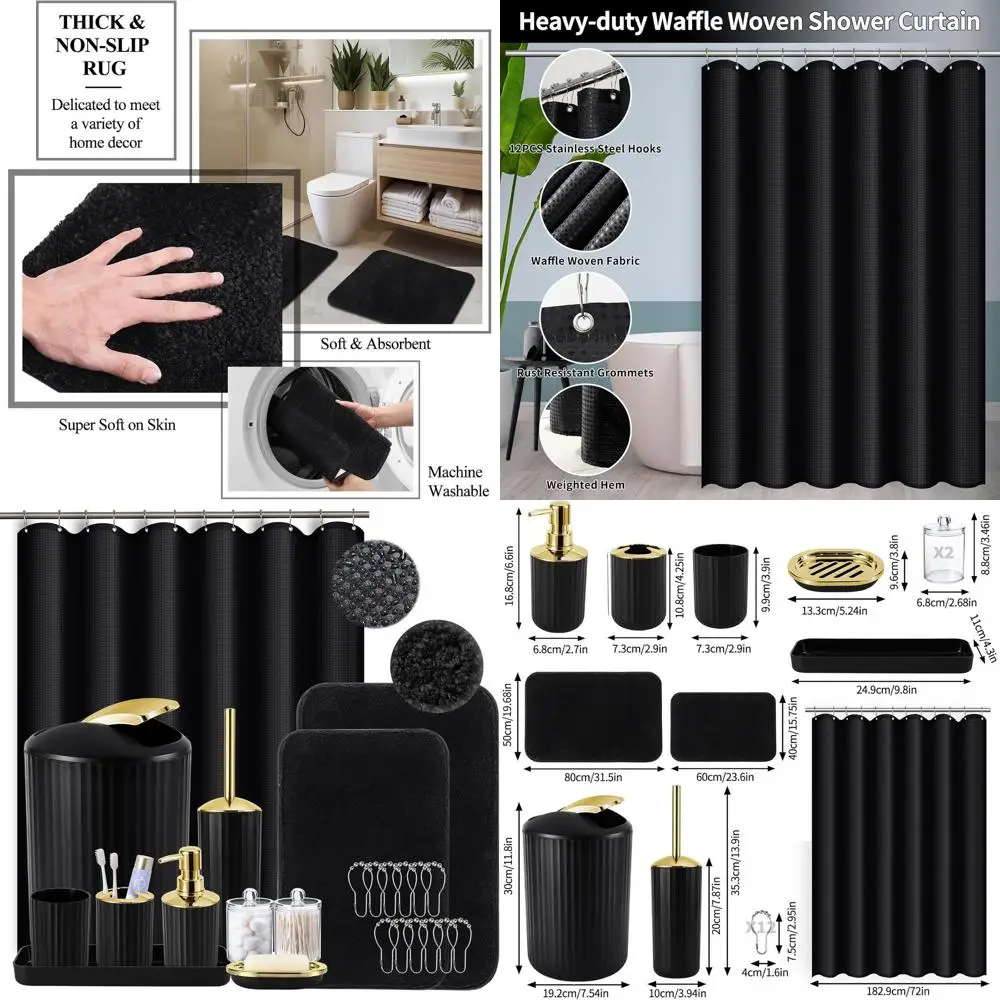 

Luxurious Black & Gold Bathroom Ensemble with Shower Curtain and Plush Rugs