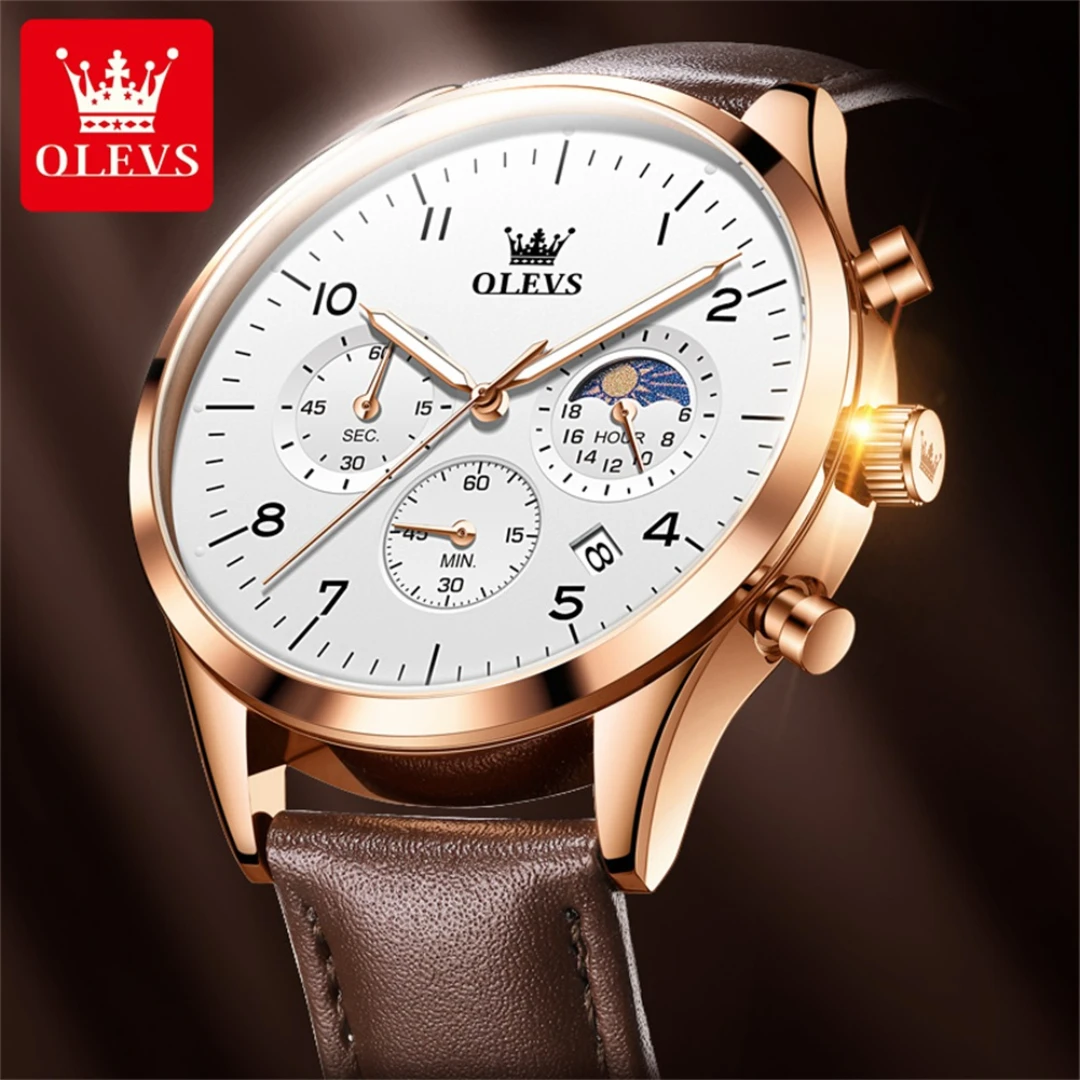 

OLEVS 2882 Quartz Business Watch Gift Genuine Leather Watchband Round-dial Chronograph Calendar