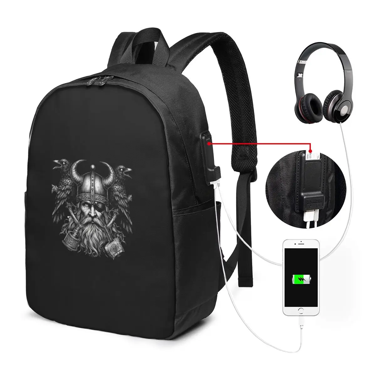 Odin Vikings Viking Legend Norse Mythology Rune Backpack Travel Notebook Bag Computer College Student School Bag Laptop