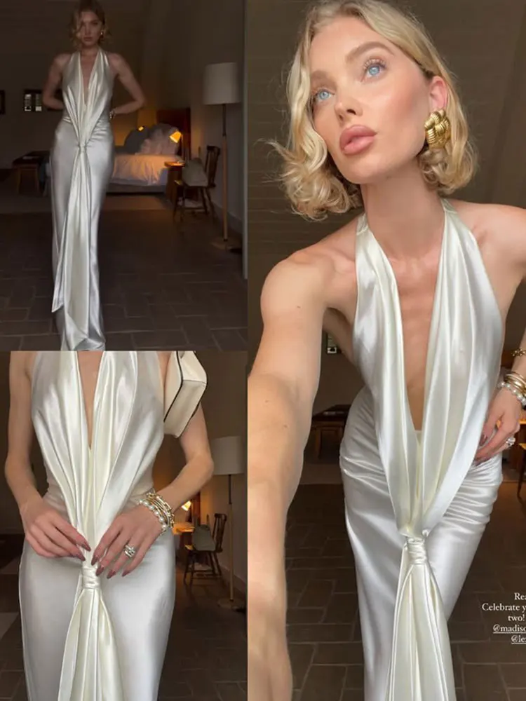 Gacvga cetim profundo decote em v sem costas sexy maxi vestido feminino elegante halter sem mangas rendas cintura alta drapeado ruched vestido longo