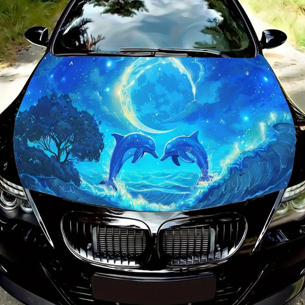 

Blue Starry Sky Romantic Dolphin Waves Heart shaped Moon PVC Car Vinyl Wraps, Self-Adhesive Waterproof Car Hood Decal Sticker, C