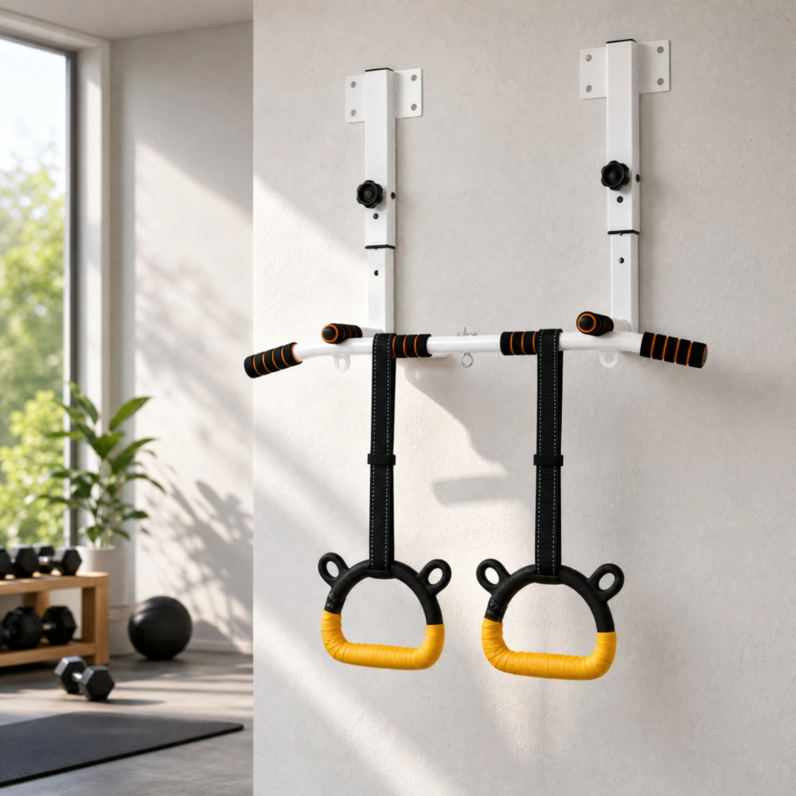 Wall-Mounted Pull-up Bar Ergonomic Wall Pull-up Bar with Gymnastic Rings Fitness Equipment Space Saving High Weight Capacity