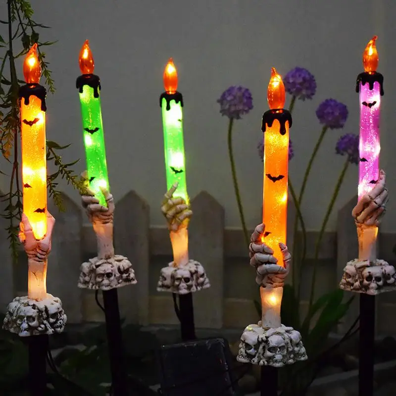 Lampe à bougie à main centralisée colorée, lumières solaires d'Halloween, LED, étanche, atmosphère extérieure, lumières décoratives de chemin de fer, 5 pièces