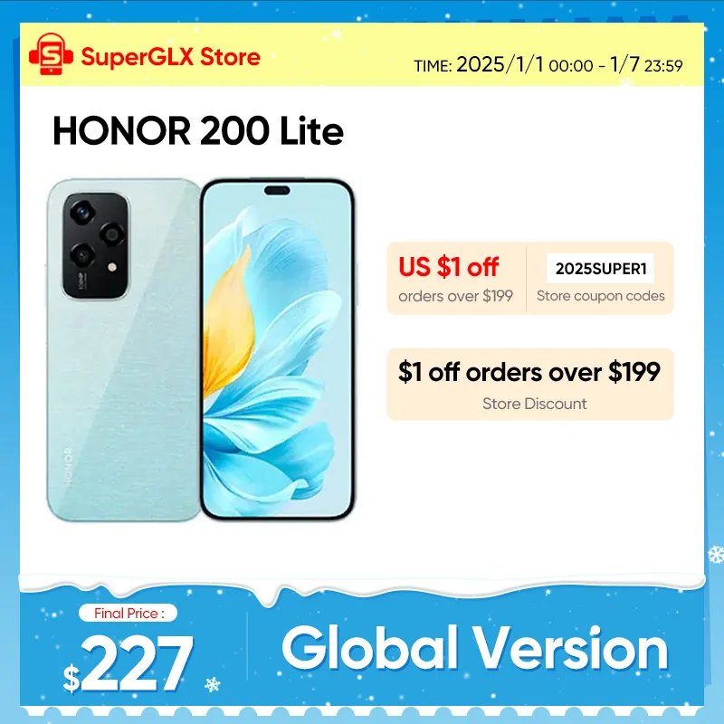 2024 Global Version HONOR 200 Lite 256GB ROM 5G Smartphone Mediatek Dimensity 6080 6.7'' 90Hz AMOLED Display 108MP Main Camera