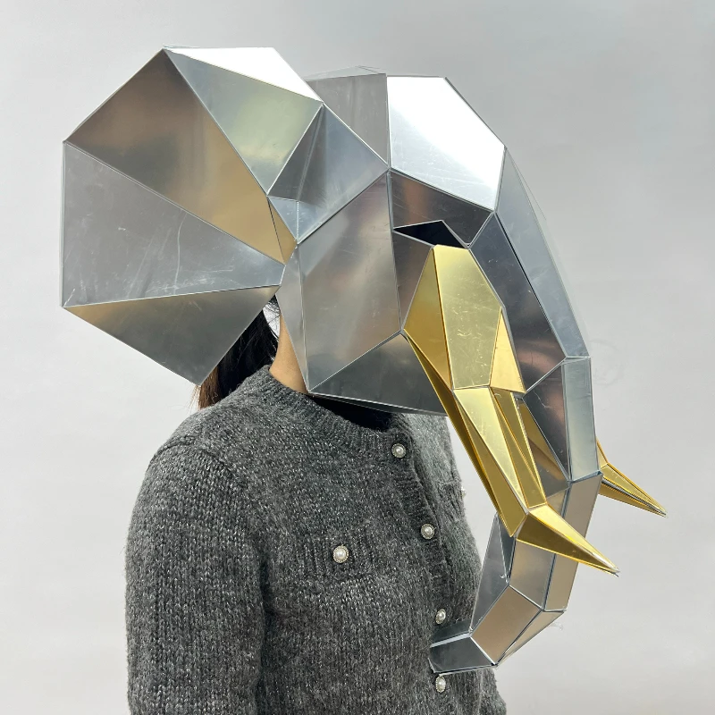 Srebrne Lustrzane Słoń Hełm Rave Zwierzęca Ozdoba na Głowę 3D Demon Festiwal Muzyczny DJ Maska Klub Rekwizyty Taneczne Rogaty Demon Mask