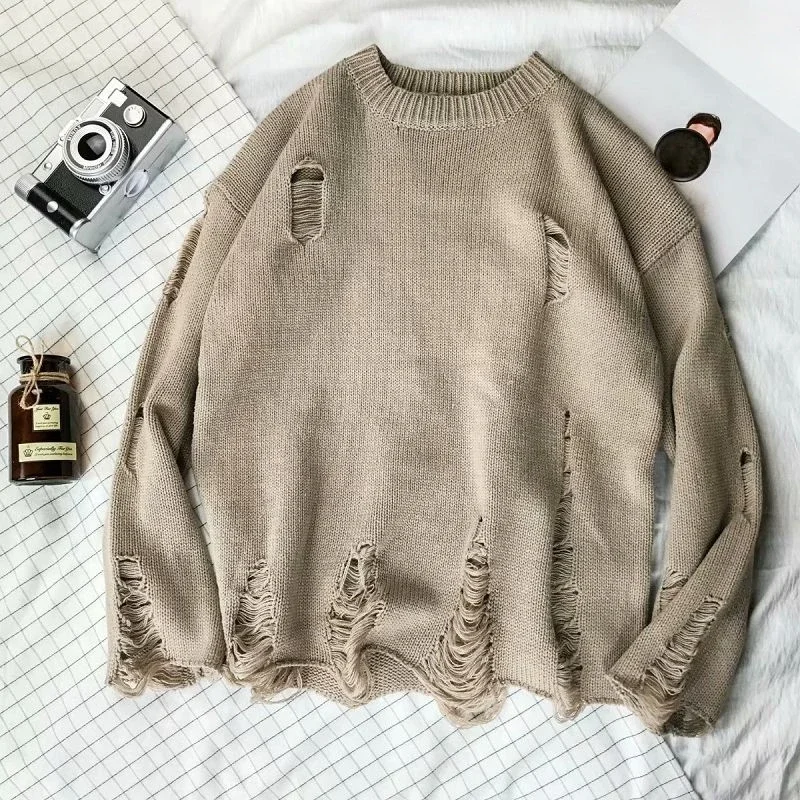 Man Clothes Pullovers Torn Crewneck Knitted Sweaters for Men Plain with Holes Solid Color Round Collar Cheap Casual