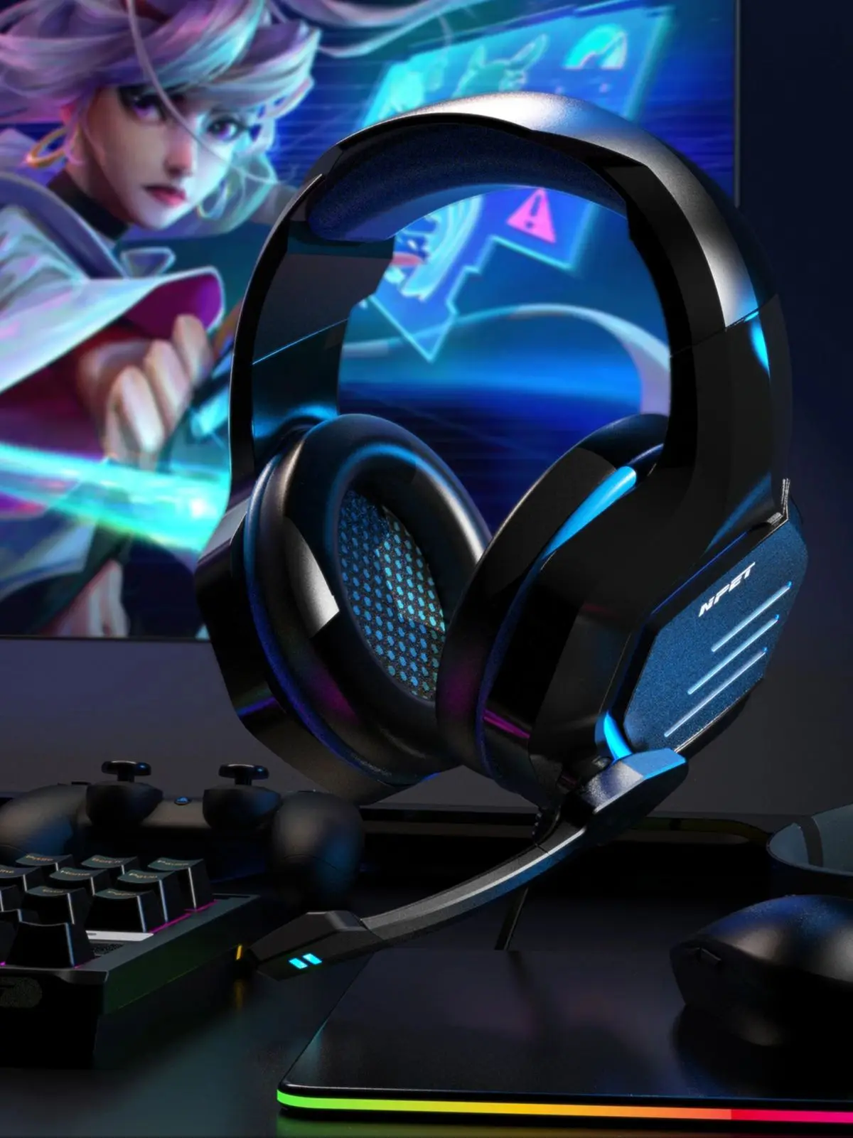NPET HS10 Auriculares para juegos con cable de 3,5 mm y micrófono 120 ° Auriculares estéreo ajustables para jugadores, PC, bajos, para PS4, PS5, Xbox, Smartphone