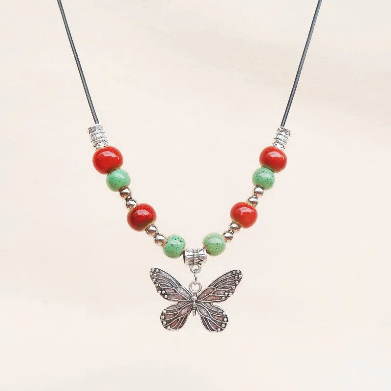 Retro Bohemian Butterfly Pendant Necklace with Colorful Ceramic Black Leather Cord Chain, Women's Daily Dating Necklace