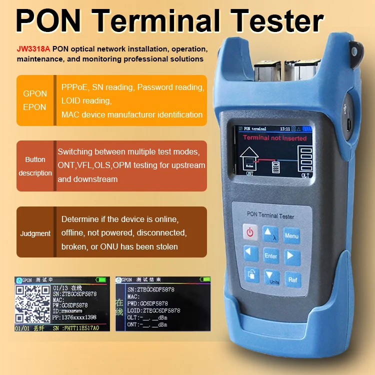 Probador de terminales PON JW3318A FTTH, lectura de PPPoE/SN/MAC/contraseña/LOID GPON/EPON, lectura de ONT/ONU, usuario en línea/fuera de línea, PON OPM VFL OLS