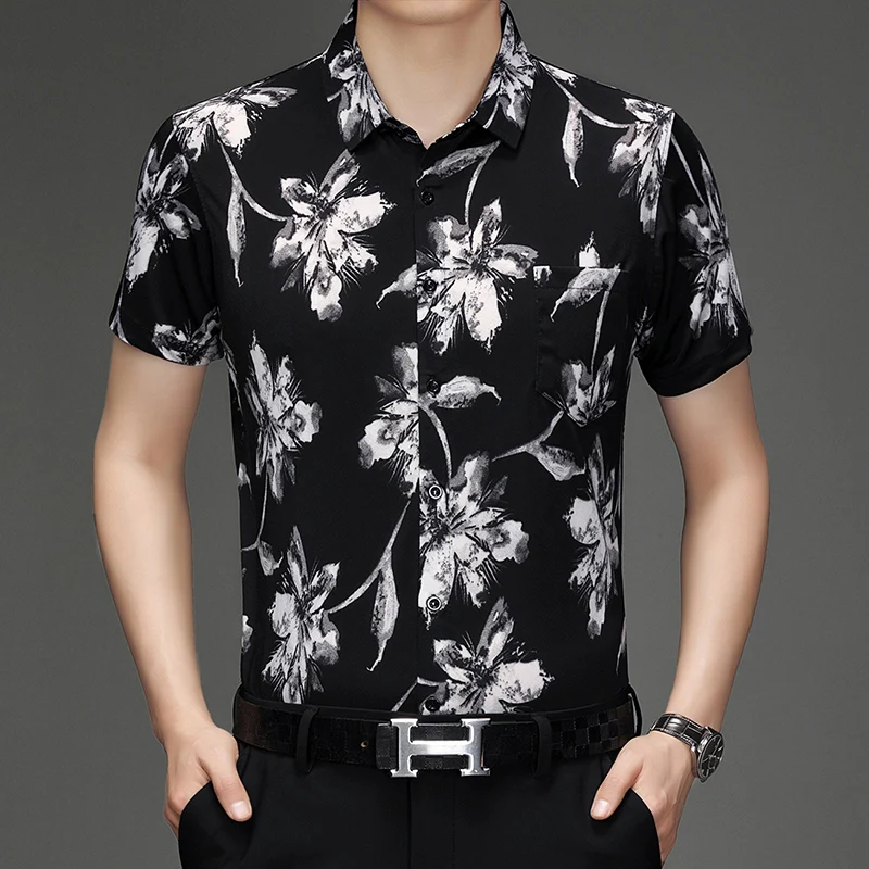 

White Floral 3D Print Casual Shirts For Men Short Sleeved Pocket Summer Quality Comfortable Breathable Fashion Camisas De Hombre