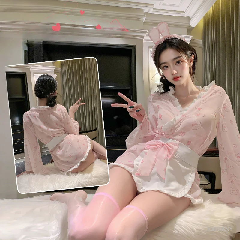 

Japanese Print Kimono Bathrobe Woman Cosplay Bunny Girl Bow Sexy Lingerie Uniform Temptation Kawaii Adult Cute Rabbit Pajamas
