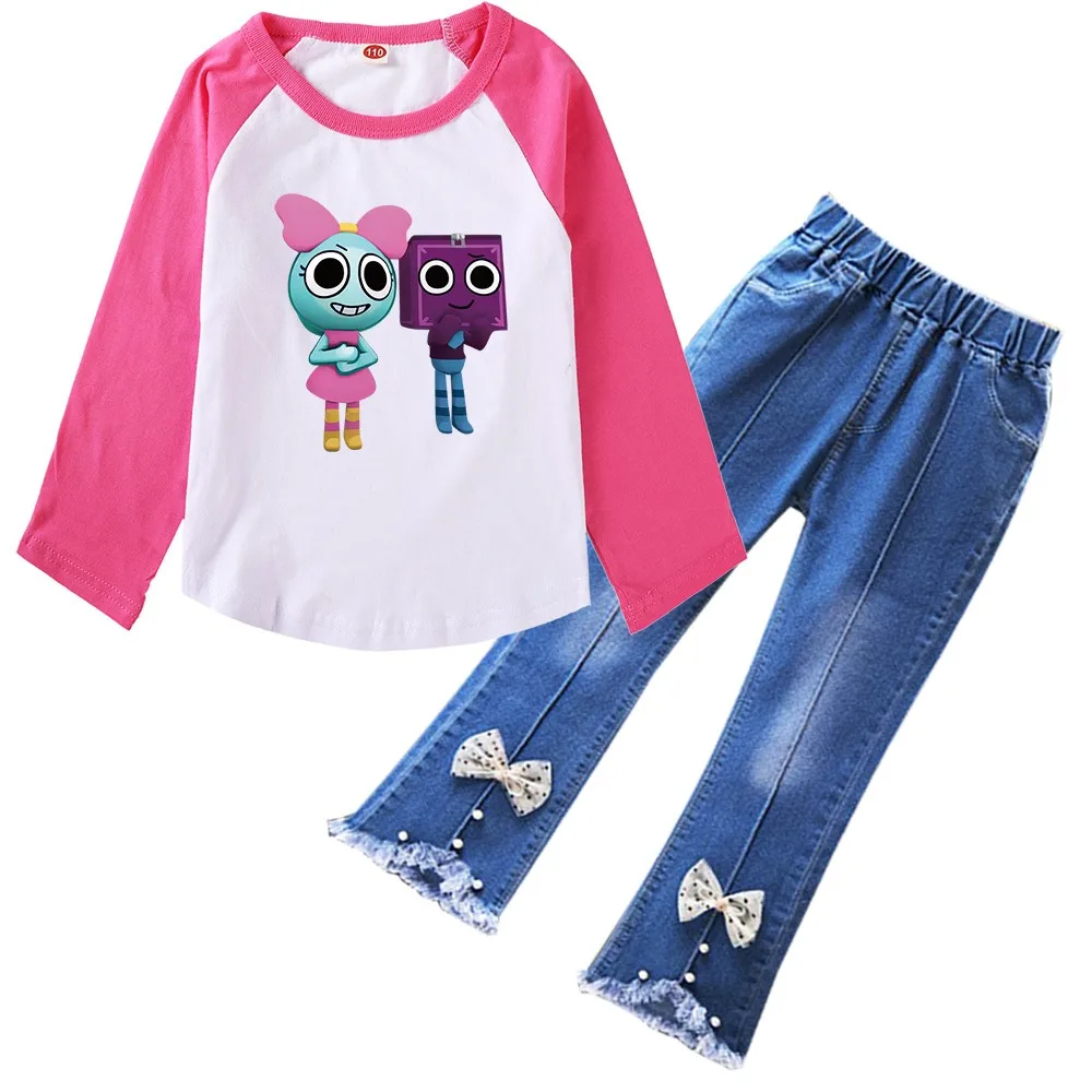 Dandys World TShirt Kids Horror Game Dandy's World Clothes Set Baby Girls Long Sleeve Tops Denim Jeans 2pcs Suit Children's Sets