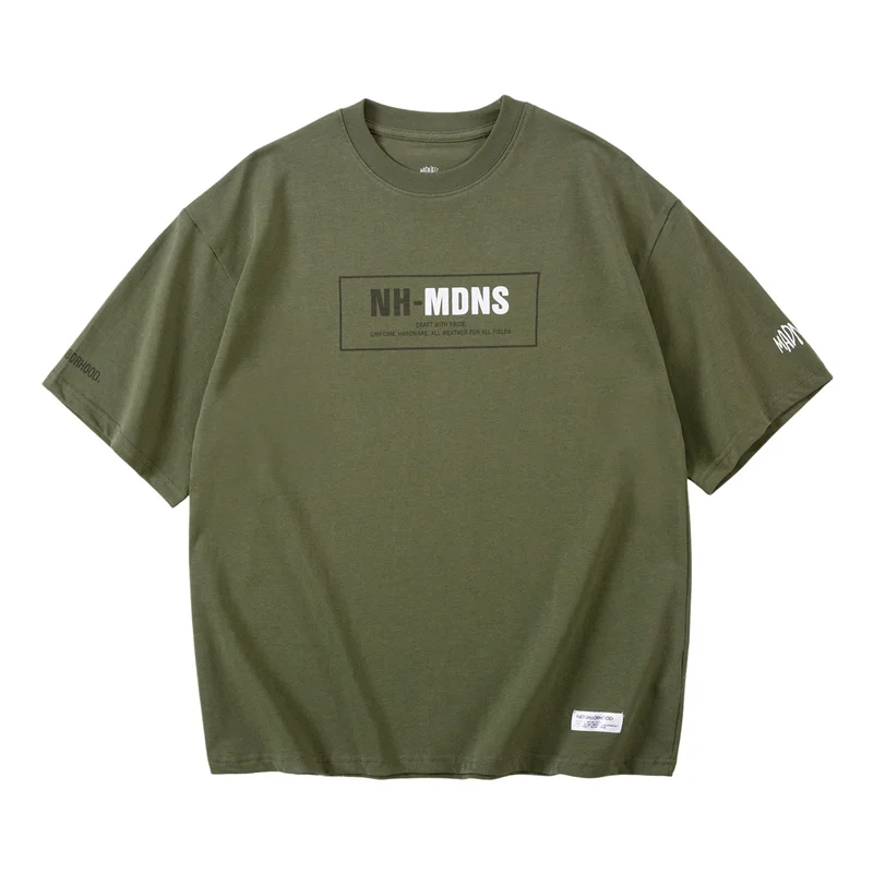 تي شيرت NBHD بأكمام قصيرة بتصميم كلاسيكي باللون الأسود والأخضر الزيتوني، مقاس كبير، قطن 100%، قماش سميك، ملابس رجالية كاجوال